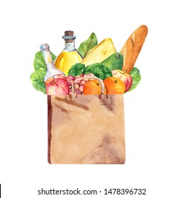 Food in paper bag. Watercolor illustration for zero waste products shopping