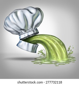 Food Poisoning Concept And Foodborne Illness As A Chef Hat With An Open Mouth With Vomit Projecting As A Symbol For Tainted Mealscaused By Bacteria As Salmonella Or Gastroenteritis Contamination.