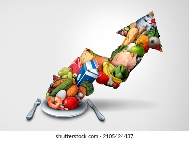 Food prices and rising grocery or surging restaurant cost as price inflation and financial crisis concept coming out of a dinner plate shaped as an arrow with 3D render elements.