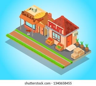 Food Street Concept Banner. Isometric Banner Of Food Street Concept For Web, Giftcard And Postcard