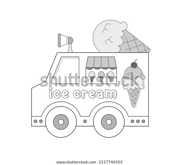 food truck art, cute exterior design of a\
vehicle to sell summer desserts with a big ice cream cone on the\
roof. grayscale with black outlines. digital illustration isolated\
on white background