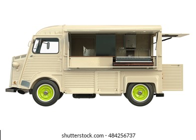 Food Truck Beige Eatery With Open Doors, Side View. 3D Graphic