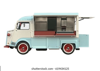 Food Truck Beige Eatery With Open Doors, Side View. 3D Rendering