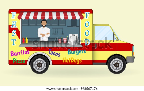 Food truck with a cook inside.\
Fast-food sailing car. Street nosh menu on wheels\
concept.