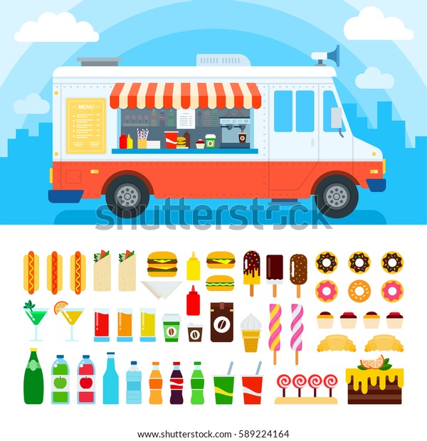 Food truck
flat illustrations. Retro foods truck with fast food against the
sky. Nutrition concept. Junk food, beverages, confectionery, coffee
and cakes isolated on white
background
