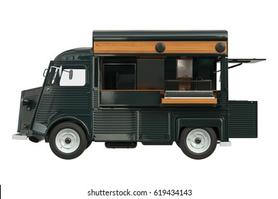 Food Truck Green Eatery With Open Doors, Side View. 3D Rendering