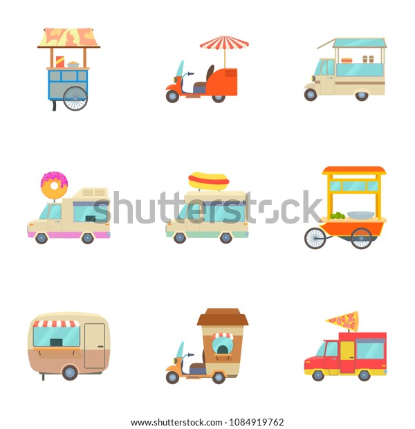 Food truck icons set. Cartoon set of\
9 food truck icons for web isolated on white\
background