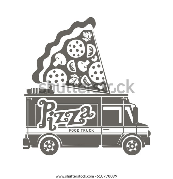 Food truck logo illustration. Vintage style\
badges and labels design concept for food delivery service\
vehicles. Black and white logo templates for your design.\
Illustration on a white\
background