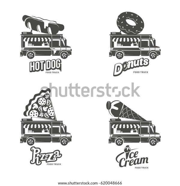 Food truck logo illustration. Vintage style\
badges and labels design concept for food delivery service\
vehicles. Black and white logo templates for your\
design.illustration on a white\
background