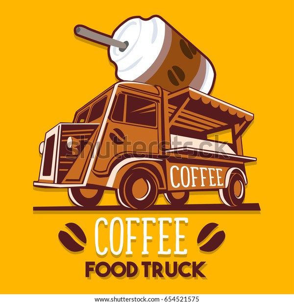 Food truck logotype for coffee cafe\
breakfast fast delivery service or summer food festival. Truck van\
with black coffee cup advertise ads logo Illustration\
