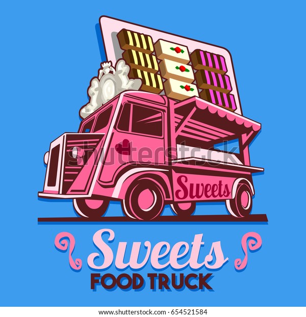Food truck logotype sweet chocolate praline candy\
shop fast delivery service or food festival. Truck van with\
advertise ads Illustration\
logo