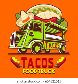 Food Truck Logotype For Taco Mexican Meal Fast Delivery Service Or Summer Food Festival. Truck Van With Mexican Food Advertise Ads Logo