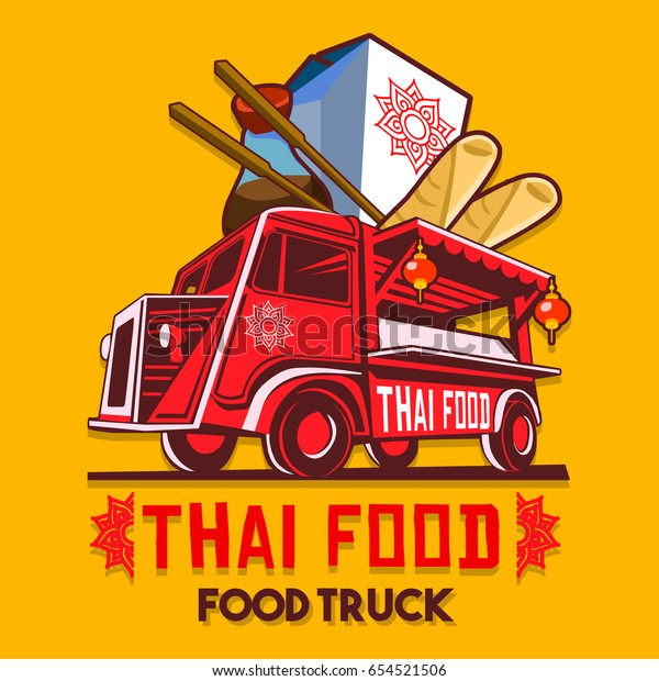 Food\
truck logotype for thai food restaurant fast delivery service or\
festival. Truck van with thai advertise ads\
logo