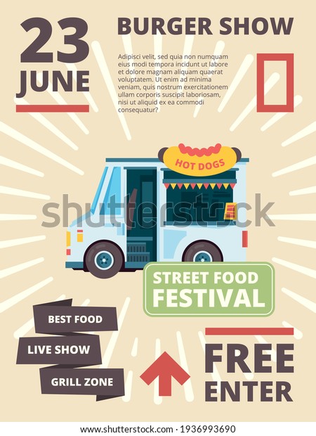 Food truck poster.\
Delivering products festival invite cars with cousine burgher party\
banner placard\
template