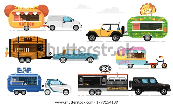 Food
truck. Street food caravan mobile restaurant icons. Isolated hot
dog, taco, beer drink, donut, BBQ, bar, cafe on wheels collection.
trailer trucks transport, food transport side
view