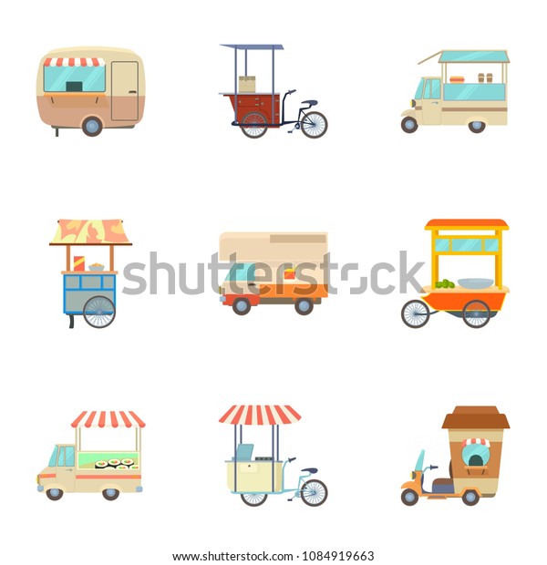 Food vehicle icons set.\
Cartoon set of 9 food vehicle icons for web isolated on white\
background