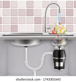 Food Waste Disposer Fitted Under Kitchen Sink With Slices Of Fruits, Vegetables And Other Food Waste Falling Into It With Water, Realistic Illustration. Garbage Disposal.