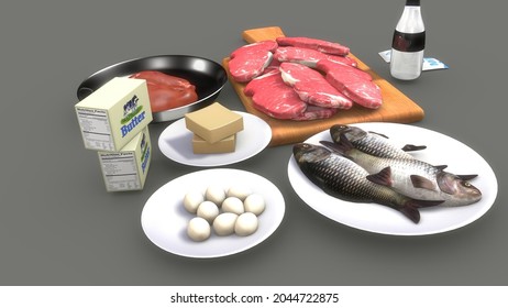 Foods of animal origin. Animal source foods include many food items that come from an animal source such as fish, meat, milk, eggs, honey, cheese and yogurt.3d illustration