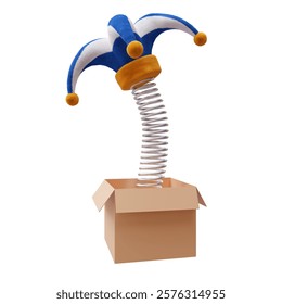 Fools hat on a spring out of a box isolated on white, April fools day surprise 3d render