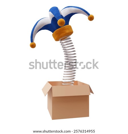 Fools hat on a spring out of a box isolated on white, April fools day surprise 3d render