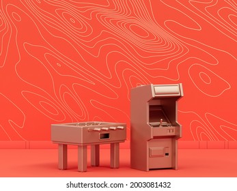 Foosball Table And Arcade Video Game Cabinet In Orange Background Interior Room With Wave Pattern, Monochrome Single Color Metallic Gold, 3d Rendering, Game Center