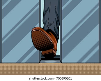 Foot Hold Closing Elevator Door Pop Art Style Raster Illustration. Comic Book Style Imitation