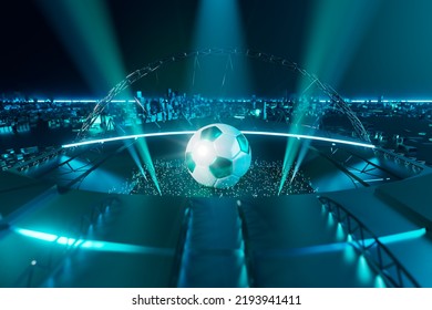 Football 3d Object In The Abstract Background, Arena Concept Design, Copy Space, 3d Illustration, Glow Neon Light Text Frame, 3d Rendering Element, Soccer Game Sport, Sports Equipment, Realistic Ball