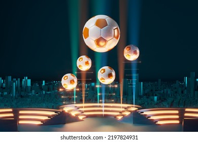 football 3d object in the abstract background  arena concept design  copy space  3d illustration  glow neon light text frame  3d rendering element  soccer game sport  sports equipment  realistic ball