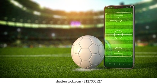 Football app video game on smartphone and betting sport online concept. Mobile phone and soccer ball. 3d illustration - Powered by Shutterstock