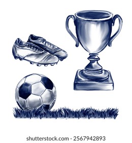 Football attributes. Soccer winner. Set of monochrome sports illustrations. Watercolor pictures. Vintage style. No background - Powered by Shutterstock