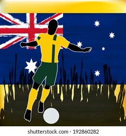 Football Australia, Soccer Player Over A Grunged Australian Flag And Cheering Crowd