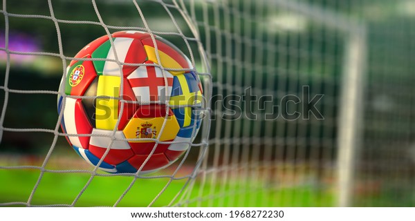 Football ball with flags of european\
countries in the net of goal of football stadium. Euro championship\
2021. 3d\
illustration