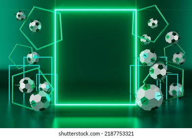 Football Ball Object In The Abstract Background. Light Neon Shape Digital Concept. Ball Symbol Graphic Sports. 3d Illustrator. Trophy Cup Element. Space Night Glitter Effect. Copy Space Frame Line.