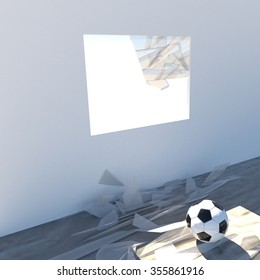 Football And Broken Window In A Room, 3d Render