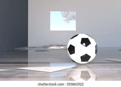 Football And Broken Window In A Room, 3d Render