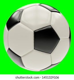 Football with classic black and white patches soccer ball isolated on greenscreen green for easy alpha. 3D illustration