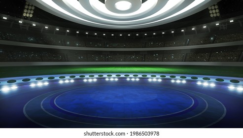 Football event, virtual show background. 3D concept stage backdrop, Ideal for soccer news, live tv shows, or sport product commercials. A 3D rendering, suitable on VR tracking system sets, with green  - Powered by Shutterstock