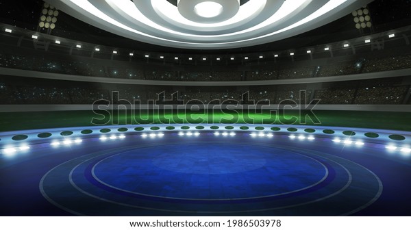 Football event, virtual show background. 3D concept\
stage backdrop, Ideal for soccer news, live tv shows, or sport\
product commercials. A 3D rendering, suitable on VR tracking system\
sets, with green\

