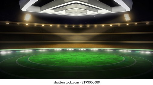 Football Event, Virtual Studio Background. Game Concept Stage Backdrop, Ideal For Soccer News, Live Tv Shows, Or Sport Product Commercials. A 3D Rendering Template, Suitable On Green Screen VR Sets