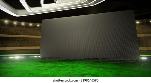 Football Event, Virtual Studio Background With A Big Videowall. Game Stage Backdrop, Ideal For Soccer News, Live Sport Tv Shows. A 3D Rendering Template, Suitable On Green Screen VR Sets