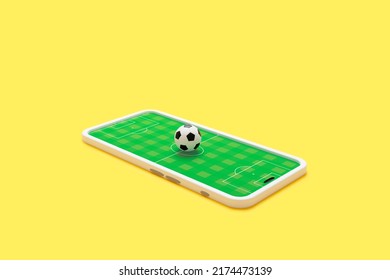  Football Field On The Smartphone Screen And Ball. Online Ticket Sales, Sport Betting Concept. 3d Illustration