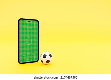 Football Field On The Smartphone Screen And Ball. Online Ticket Sales, Sport Betting Concept. 3d Illustration