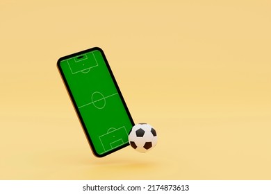 Football Field On The Smartphone Screen And Ball. Online Ticket Sales, Sport Betting Concept. 3d Illustration