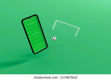 . Football Field On The Smartphone Screen And Ball. Online Ticket Sales, Sport Betting Concept. 3d Illustration