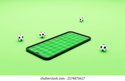 Football Field On The Smartphone Screen And Ball. Online Ticket Sales, Sport Betting Concept. 3d Illustration