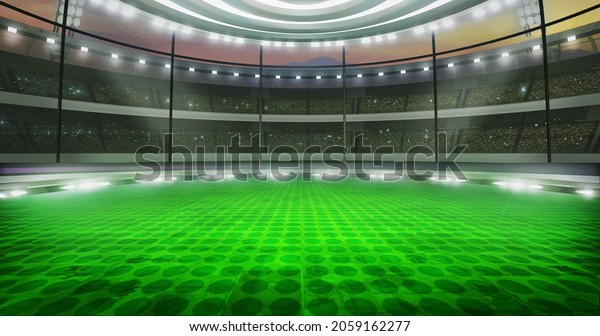 Football game, virtual TV show backdrop. 3D concept\
stage backdrop, Ideal for soccer news, live tv shows, or sport\
product commercials. A 3D rendering, suitable on VR tracking system\
sets, with\
green