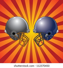 Football Helmets Colliding Is An Illustration Of Two Football Helmets Facing Each Other As If Ready To Collide With A Sunburst Background.