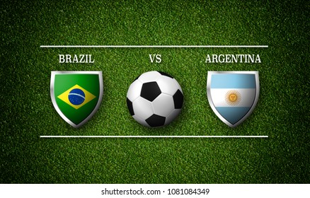 Football Match schedule, Brazil vs Argentina, flags of countries and soccer ball - 3D rendering