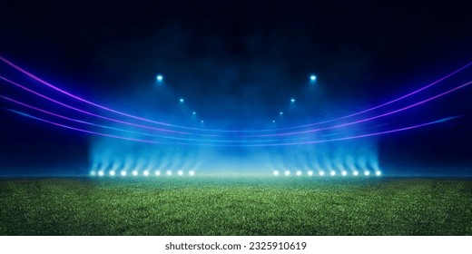 Football pitch stadium background illuminated by textured green pitch ground. Science, product and sports technology concept. 3D Illustration - Powered by Shutterstock