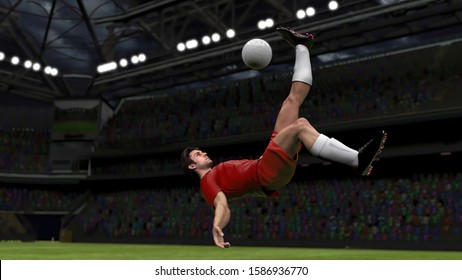 Football Player Is Making A Overhead Bicycle Kick To Score A Goal 3d Render